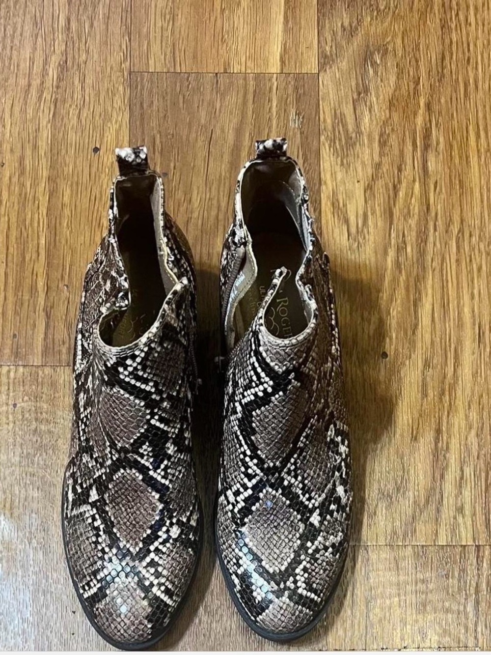 Kim Rogers Snake-Print Chelsea Booties in Brown and Cream